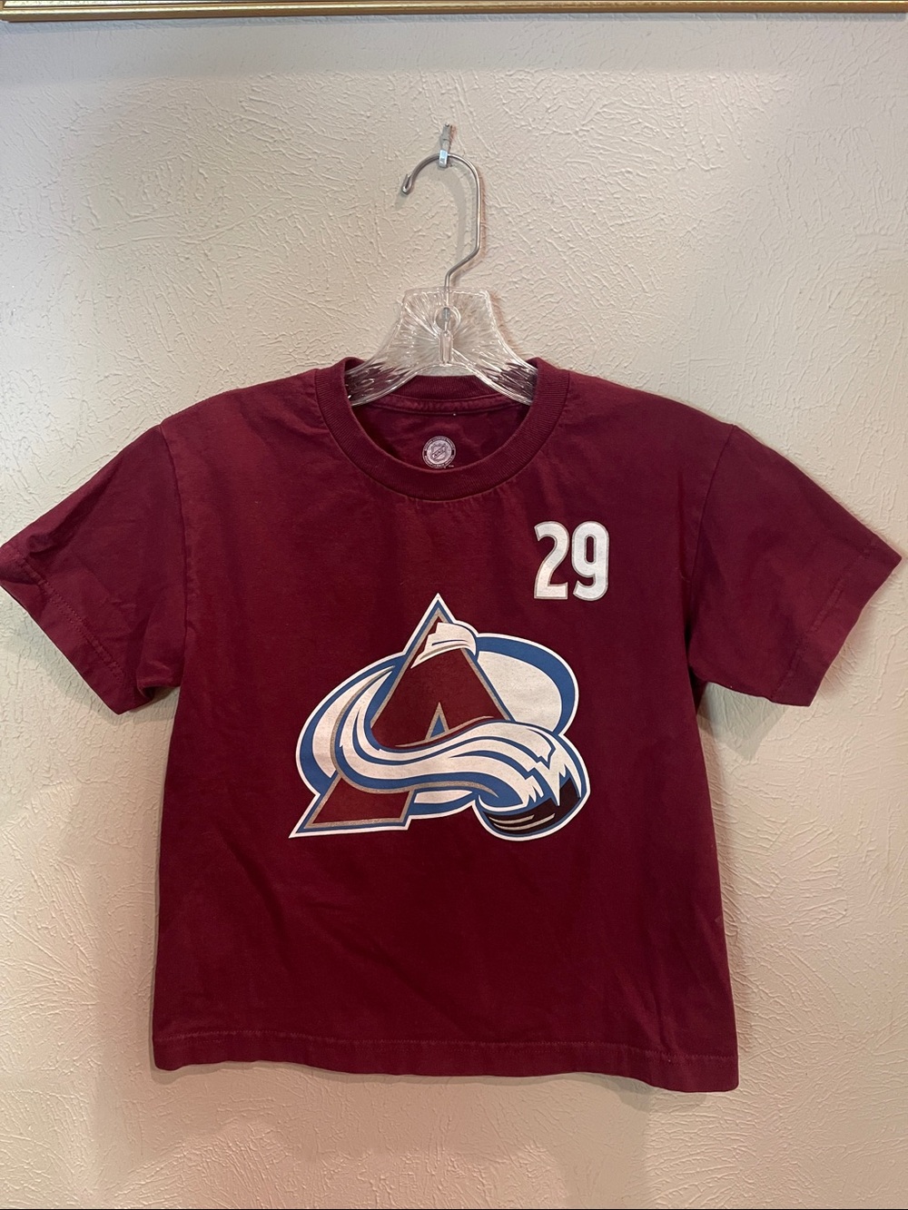 Colorado Avalanche Kids' Burgundy Logo Tee - #29. Size kids medium.